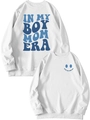 Detail of the blue In My Boy Mom Era lettering and smiley face on a white sweatshirt - White