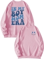 Detail of pink cotton sweatshirt featuring blue IN MY BOY MOM ERA lettering and smile icon - Pink
