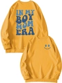 Flat lay of yellow crewneck sweatshirts with blue In My Boy Mom Era printed typography - Yellow