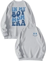 Detailed close-up showing the double-sided print design on the gray-blue sweatshirt - Gray