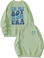 Detail of light green sweatshirt with ribbed cuffs and blue IN MY BOY MOM ERA print - Olive Green
