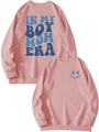 Detail view of pink crewneck sweatshirt with blue In My Boy Mom Era printed text - Rose Gold