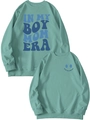 Detail of mint green sweatshirt featuring In My Boy Mom Era back print and front smile logo - Light Green