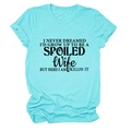 Detail of blue crewneck T-shirt with black spoiled wife slogan print and cotton texture - Deep Water Blue (Black Font)