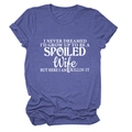Close-up of heather purple t-shirt with white letter print and ribbed crew neck details - Retro Blue (White Font)