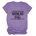 Detail of heather purple t-shirt featuring black letter print and cuffed sleeves - Purple (Black Text)
