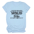 Detail of light blue crew neck cotton T-shirt featuring retro black graphic quote print - Light Blue (Black Font)