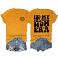 Detailed back and front views of casual ginger t-shirt with volleyball mom era print - S / Tops / Mustard Yellow (Black Font)