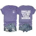 Close-up of double-sided print on casual purple t-shirt featuring vintage typography - S / Purple (White Print)