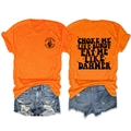 Close-up of orange cotton t-shirt with Choke Me Like Bundy print and denim shorts - S / Orange