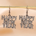 Sparkling crystal HAPPY NEW YEAR letter drop earrings in black alloy for holiday parties - Black White Zirconia