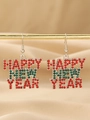 Macro shot of silver alloy earrings with red and green rhinestones reading HAPPY NEW YEAR - Silver with Red and Green Zirconia