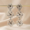 Vintage silver hollow flower pendant earrings with dark grey crystals in triple tier design - Antique Silver 3 Roses (Grey Crystals)