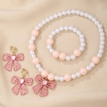 Cute beaded jewelry set with plastic pearls and pink glittery bow accents for girls - Pink