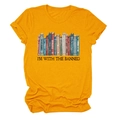 Macro detail of 'I'M WITH THE BANNED' book print on ginger cotton t-shirt fabric - S / Mustard Yellow (Black Text)