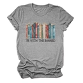 Close-up of gray cotton t-shirt with colorful book spines and I'M WITH THE BANNED print - S / Dark Grey (Black Text)