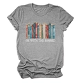 Close-up detail of 'I'M WITH THE BANNED' slogan and colorful book print on grey cotton t-shirt - S / Dark Grey (White Text)