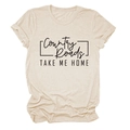 Close-up of Country Roads TAKE ME HOME print on beige cotton casual t-shirt for women - S / Sand (Black Font)