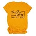Close-up of Country Roads slogan print on yellow short sleeve cotton t-shirt - S / Mustard Yellow (Black Text)