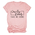 Dettaglio di maglietta rosa in cotone con scritta Country Roads TAKE ME HOME e girocollo - Rosa (Stampa Nera)