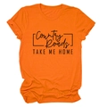 Dettaglio di una maglietta arancione girocollo con stampa Country Roads Take Me Home - Arancione (Font Nero)