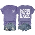 Purple double-sided graphic t-shirt with EXPENSIVE DIFFICULT & TALK BACK print text - Purple (White Graphic)