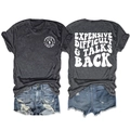 Detail view of charcoal grey t-shirt with Expensive Difficult & Talks Back back print - Heather Grey (White Graphic)