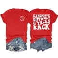 Front and back view of red T-shirt with 'Expensive Difficult' slogan and denim shorts - Red (White Graphic)