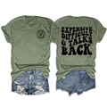 Detail view of T-shirt back with black Expensive Difficult Talks Back artistic typography - Olive Green (Black Graphic)