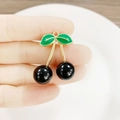 DIY cherry pendant with black fruit and green leaves in golden metal for jewelry making - Black