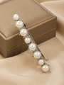 Detail of elegant silver hair clip with eight pearls on gold jewelry box and beige silk - Large White Barrette