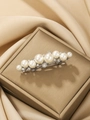 Elegant silver hair clip with gradient pearls and rhinestones on champagne satin fabric - White Pearl Rhinestone