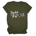 Close-up of Baseball Grandma print with leopard and stars patterns on olive green T-shirt - S / Army Green