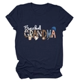 Detailed close-up of Baseball Grandma print with leopard patterns on navy blue T-shirt - S / Navy Blue