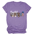 Detail of purple heather t-shirt showing Baseball Grandma print with sports icons - S / Purple
