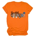 Detail view of the Baseball Grandma print with leopard and floral textures on orange cotton T-shirt - S / Orange
