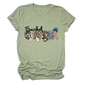 Close-up of Baseball Grandma graphic with leopard and star patterns on green cotton T-shirt - S / Olive Green