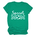 Close-up of bright green T-shirt fabric featuring Soccer MOM text with soccer ball graphic - S / Dark Green