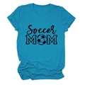 Detail of teal Soccer MOM t-shirt featuring black lettering and soccer ball graphic - S / Lake Blue