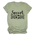 Detail of sage green cotton T-shirt featuring Soccer MOM text with a football graphic - S / Olive Green