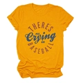 Detail of ginger yellow cotton T-shirt featuring vintage baseball slogan print texture - S / Mustard Yellow