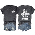 Platliggende katoenen tee en denim short met My Son Works From Home tekstopdruk - S / Tops / Zwartgrijs Gemêleerd