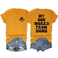 Voor- en achteraanzicht van gemberkleurig T-shirt met print en denim short voor dames - S / Tops / Mosterdgeel (Zwarte Afdruk)