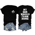 Voor- en achteraanzicht van zwart t-shirt met My Son Works From Home baseball opdruk - S / Tops / Zwart