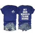 Detail van koningsblauw Catcher Mom T-shirt en distressed denim shorts setje - S / Tops / Retroblauw (Witte Afdruk)