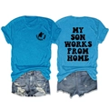 Voor- en achteraanzicht van blauw T-shirt met opdruk en distressed denim shorts set - S / Tops / Meerblauw