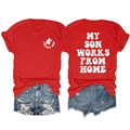 Voor- en achteraanzicht van rood My Son Works From Home T-shirt met spijkerbroek - S / Tops / Rood