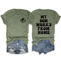 Olijfgroen katoenen T-shirt plat gelegd met Catcher Mom en My Son Works From Home teksten - S / Tops / Olijfgroen (Zwarte Print)