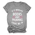 Detail of grey crewneck T-shirt showing retro slogan print for books and pajamas lovers - Dark Grey (White Text)