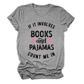 Detail of grey crewneck t-shirt with books and pajamas slogan print and knit texture - Dark Grey (Black Text)